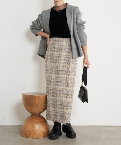 格紋流蘇修身半身裙