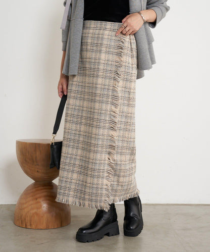 格紋流蘇修身半身裙