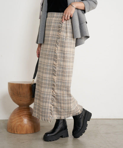 格紋流蘇修身半身裙