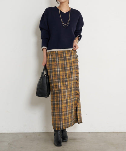 格紋流蘇修身半身裙