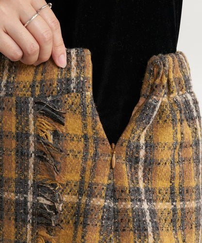 格紋流蘇修身半身裙