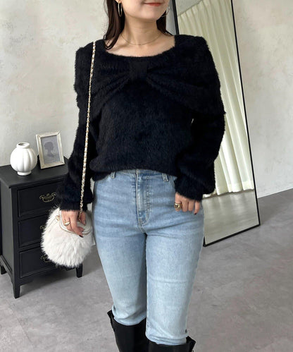 【前後兩穿】一字肩蝴蝶結毛絨針織衫