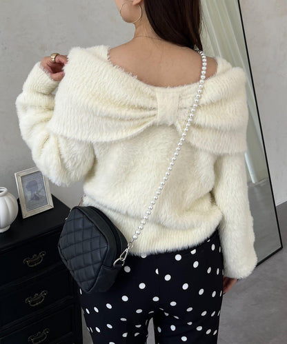【前後兩穿】一字肩蝴蝶結毛絨針織衫