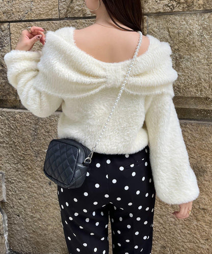 【前後兩穿】一字肩蝴蝶結毛絨針織衫