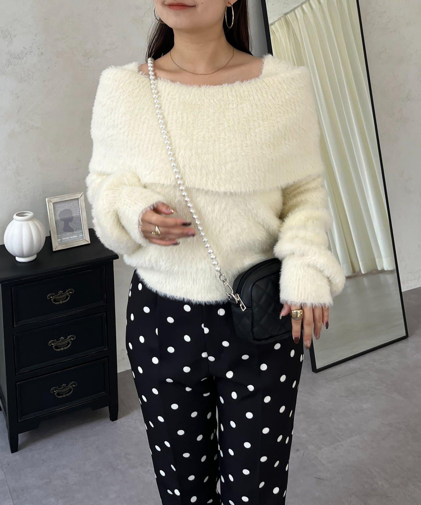 【前後兩穿】一字肩蝴蝶結毛絨針織衫