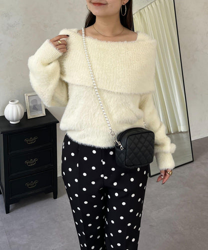 【前後兩穿】一字肩蝴蝶結毛絨針織衫