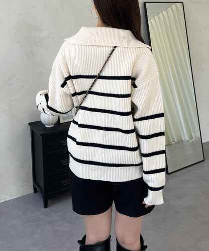 徽章標誌半拉鍊條紋針織衫