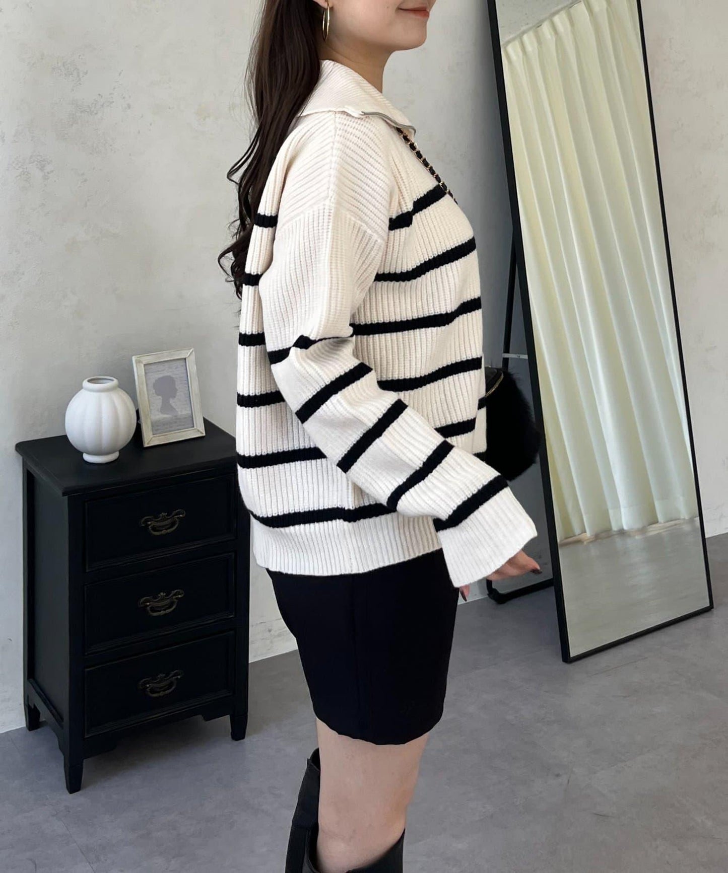 徽章標誌半拉鍊條紋針織衫