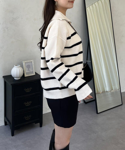 徽章標誌半拉鍊條紋針織衫