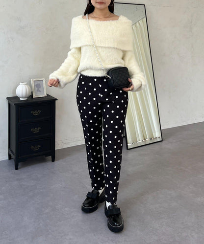 【前後兩穿】一字肩蝴蝶結毛絨針織衫