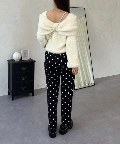 【前後兩穿】一字肩蝴蝶結毛絨針織衫