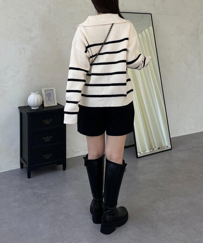 徽章標誌半拉鍊條紋針織衫