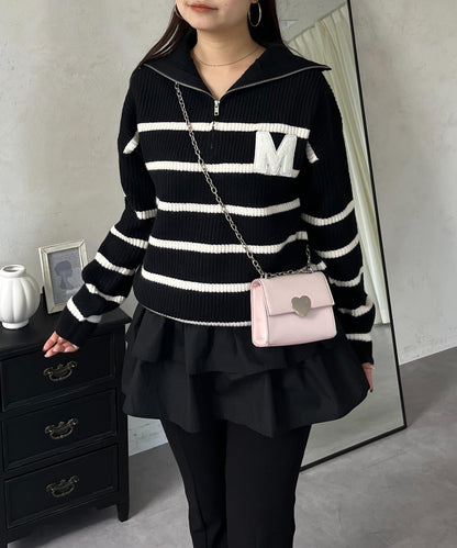 徽章標誌半拉鍊條紋針織衫