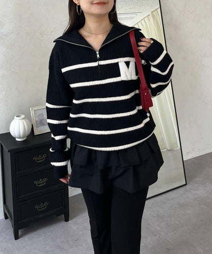 徽章標誌半拉鍊條紋針織衫