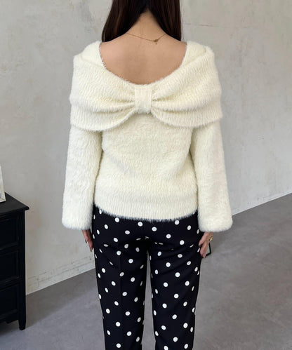 【前後兩穿】一字肩蝴蝶結毛絨針織衫