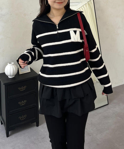 徽章標誌半拉鍊條紋針織衫