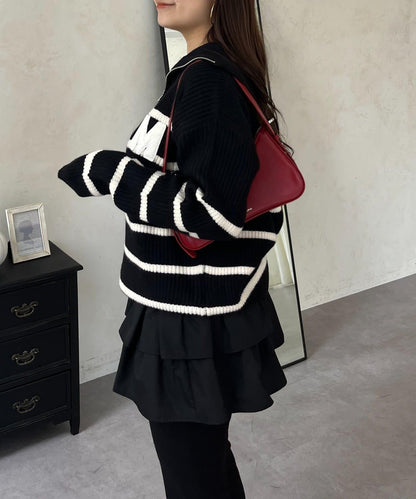 徽章標誌半拉鍊條紋針織衫