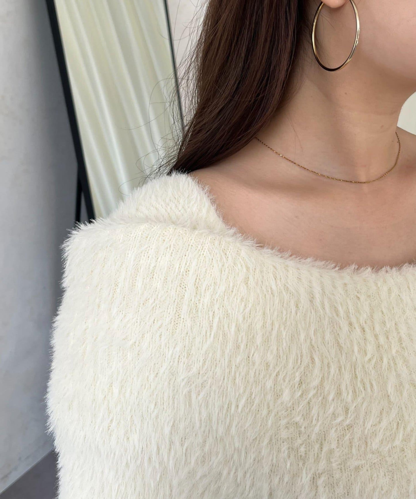 【前後兩穿】一字肩蝴蝶結毛絨針織衫