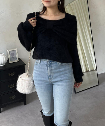 【前後兩穿】一字肩蝴蝶結毛絨針織衫