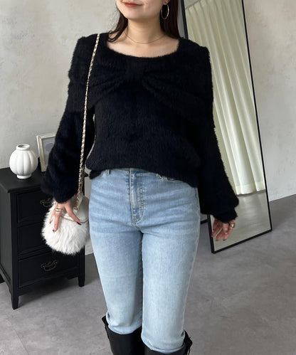 【前後兩穿】一字肩蝴蝶結毛絨針織衫