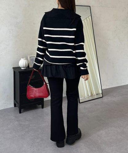 徽章標誌半拉鍊條紋針織衫