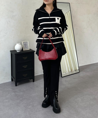 徽章標誌半拉鍊條紋針織衫