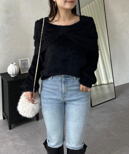 【前後兩穿】一字肩蝴蝶結毛絨針織衫