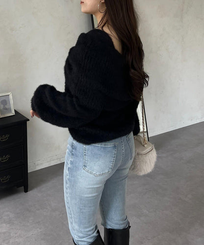 【前後兩穿】一字肩蝴蝶結毛絨針織衫