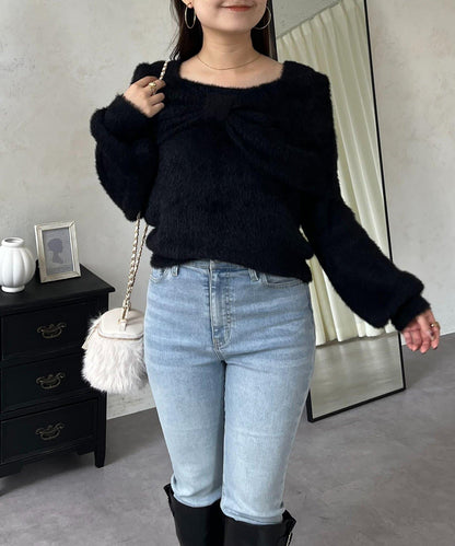 【前後兩穿】一字肩蝴蝶結毛絨針織衫