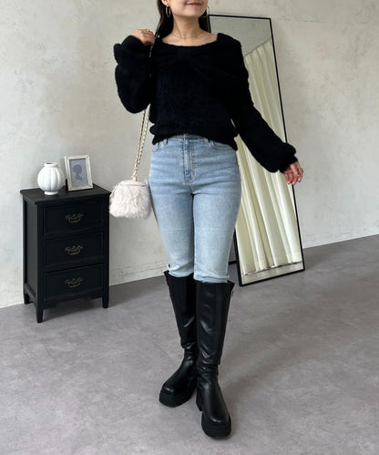 【前後兩穿】一字肩蝴蝶結毛絨針織衫