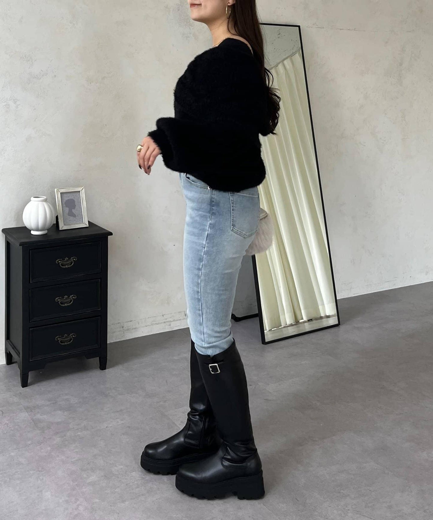 【前後兩穿】一字肩蝴蝶結毛絨針織衫