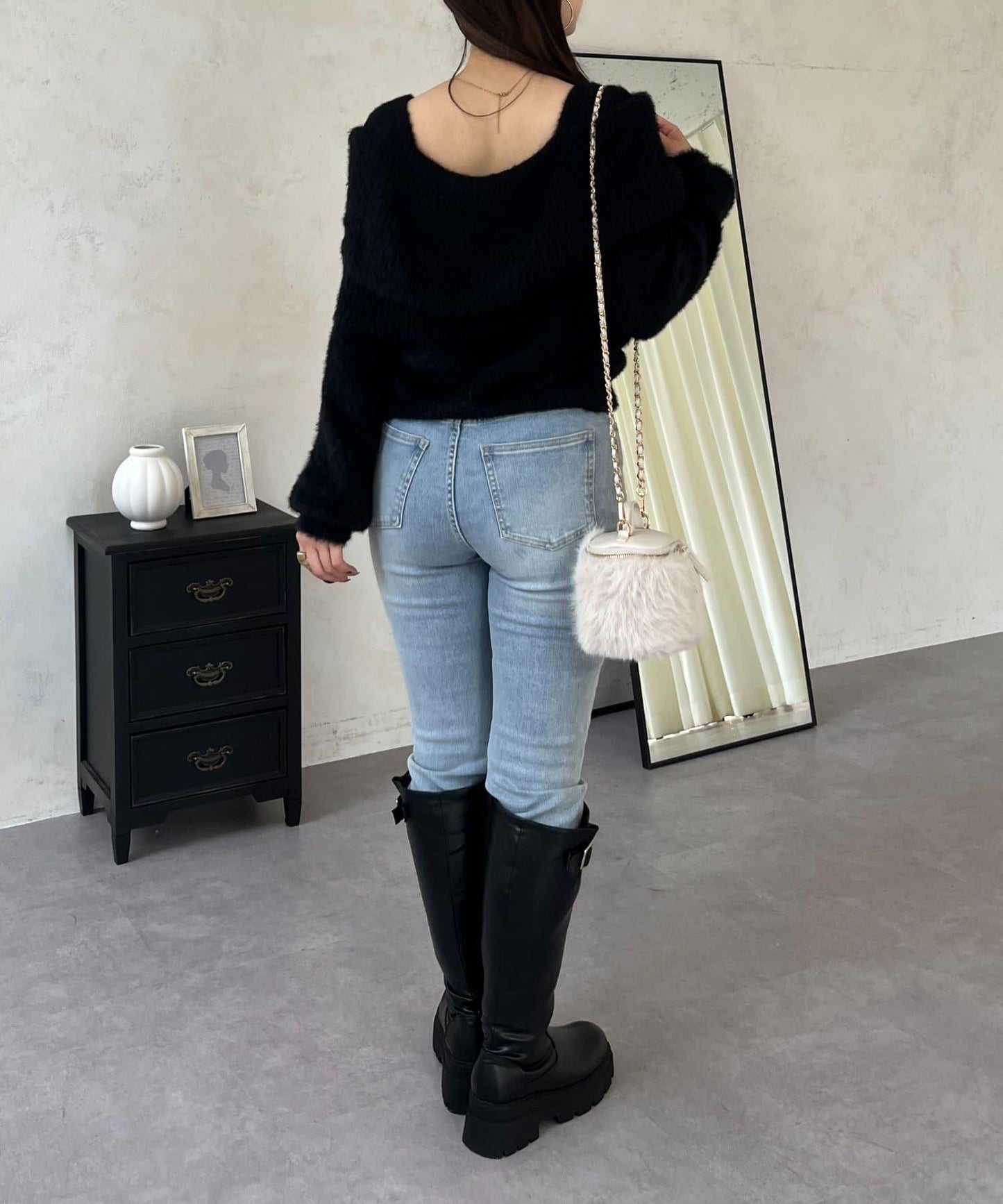 【前後兩穿】一字肩蝴蝶結毛絨針織衫