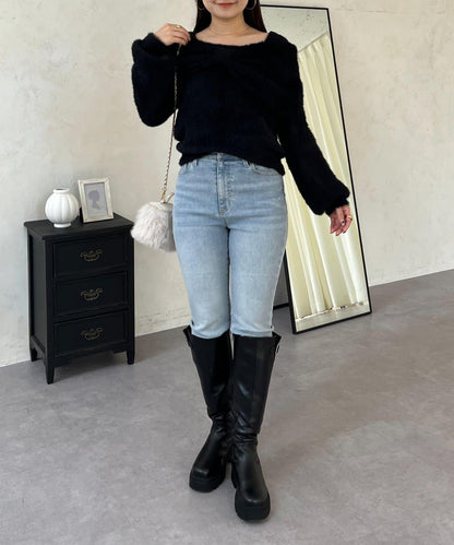【前後兩穿】一字肩蝴蝶結毛絨針織衫