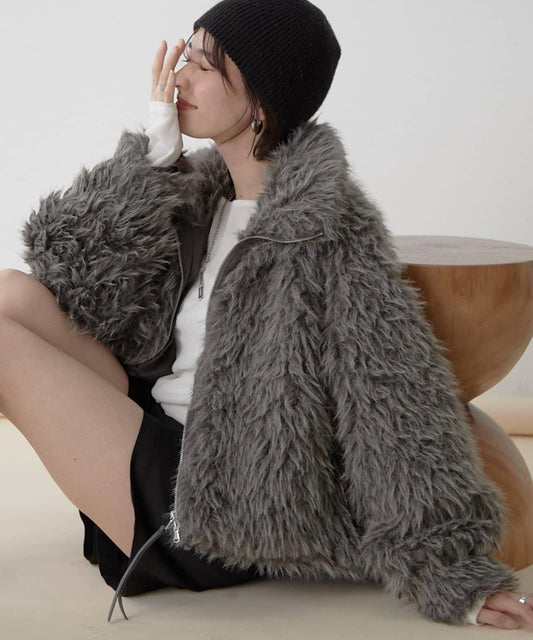 【nane】【Suzuki セレクト】雙拉鍊拼接仿毛皮飛行夾克