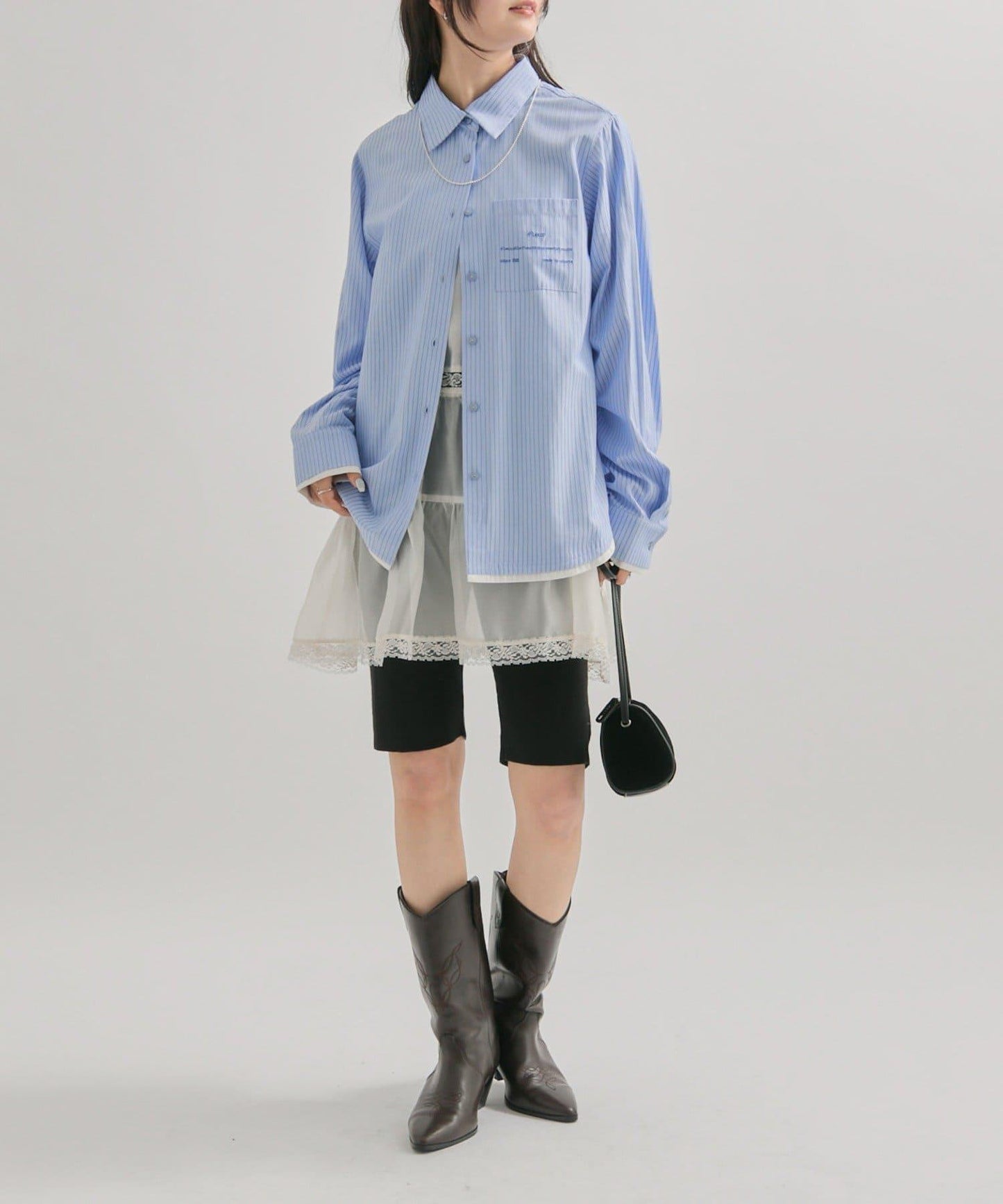 網紗刺繡條紋襯衫