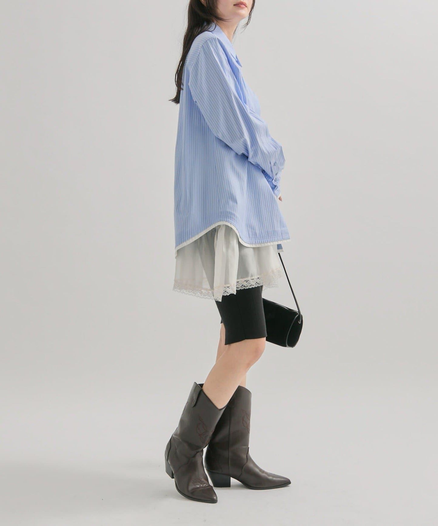 網紗刺繡條紋襯衫