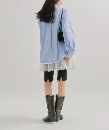 網紗刺繡條紋襯衫