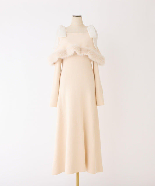 可拆卸蝴蝶結一字肩毛絨針織連衣裙