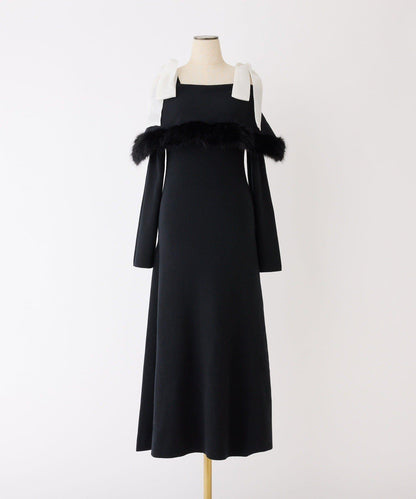 可拆卸蝴蝶結一字肩毛絨針織連衣裙