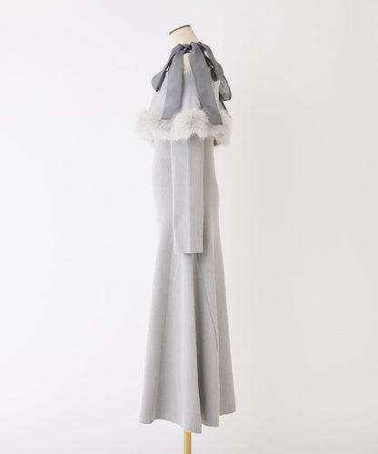 可拆卸蝴蝶結一字肩毛絨針織連衣裙