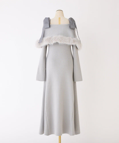 可拆卸蝴蝶結一字肩毛絨針織連衣裙