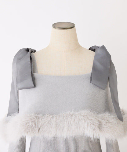 可拆卸蝴蝶結一字肩毛絨針織連衣裙