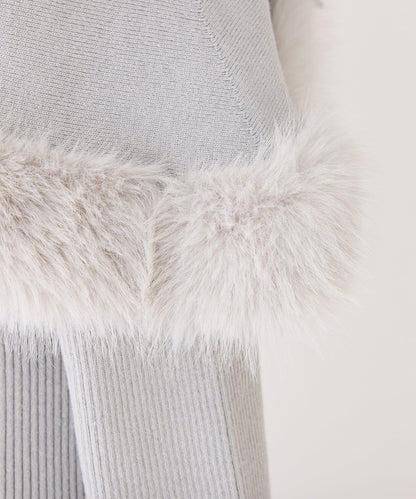 可拆卸蝴蝶結一字肩毛絨針織連衣裙