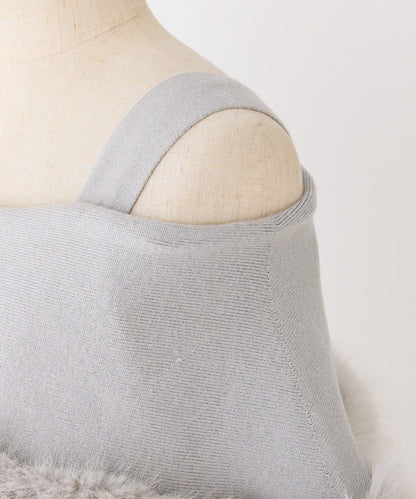 可拆卸蝴蝶結一字肩毛絨針織連衣裙