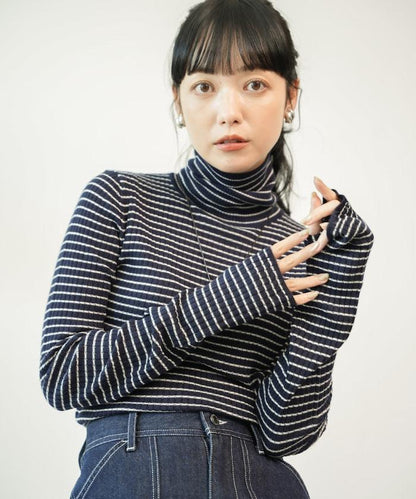 可水洗條紋高領針織衫