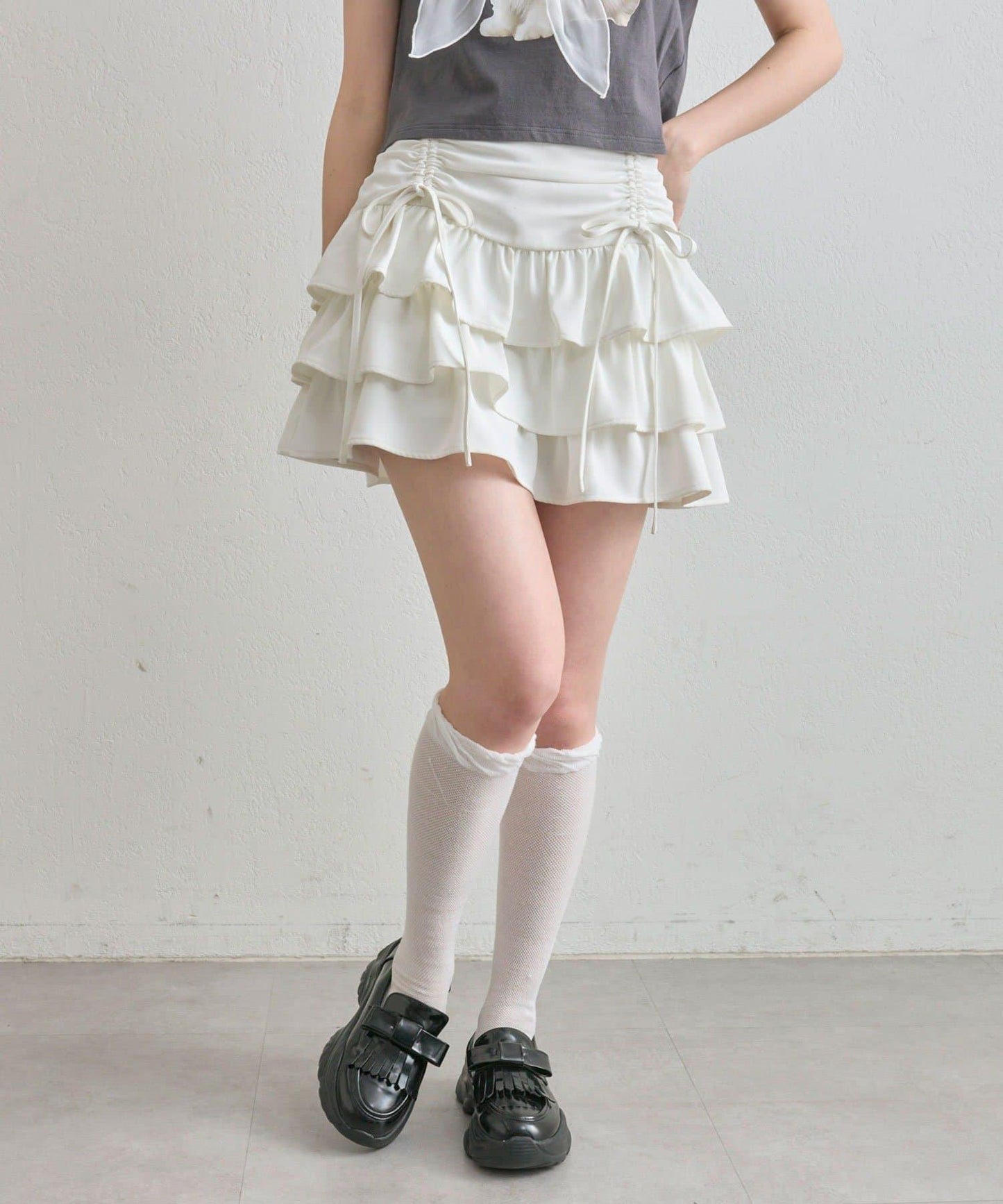 收腰抽繩層疊半身裙