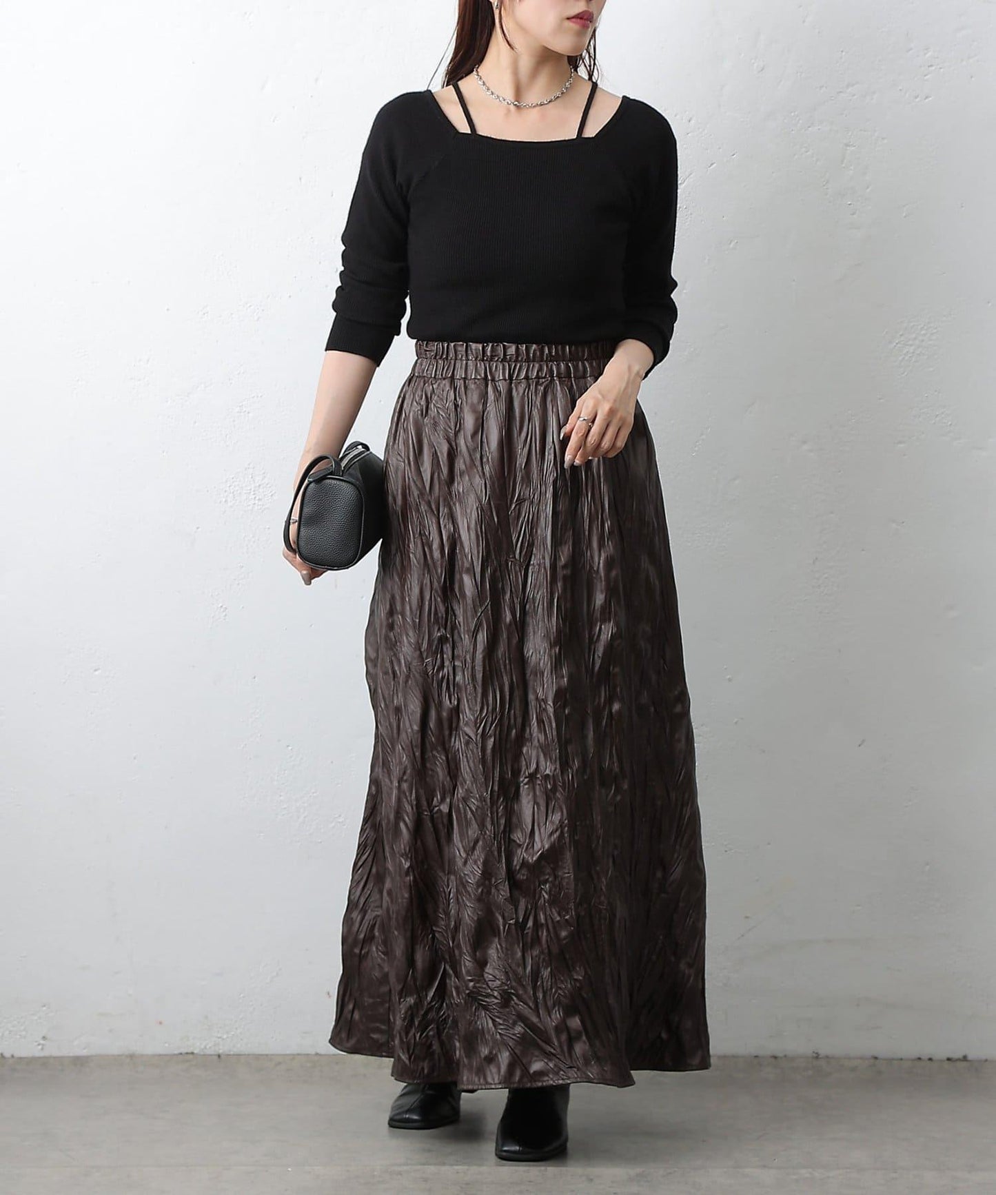 仿皮褶皺半身裙