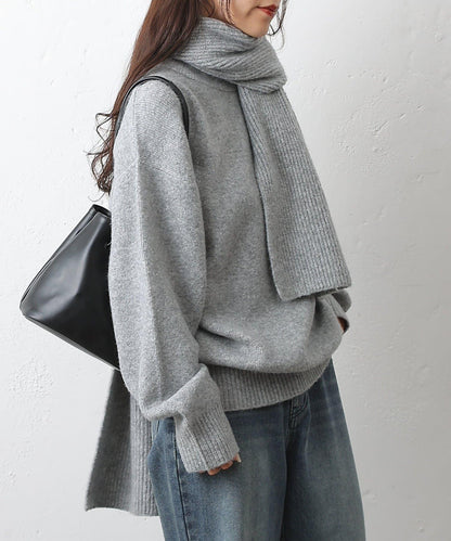 圓領針織衫配圍巾