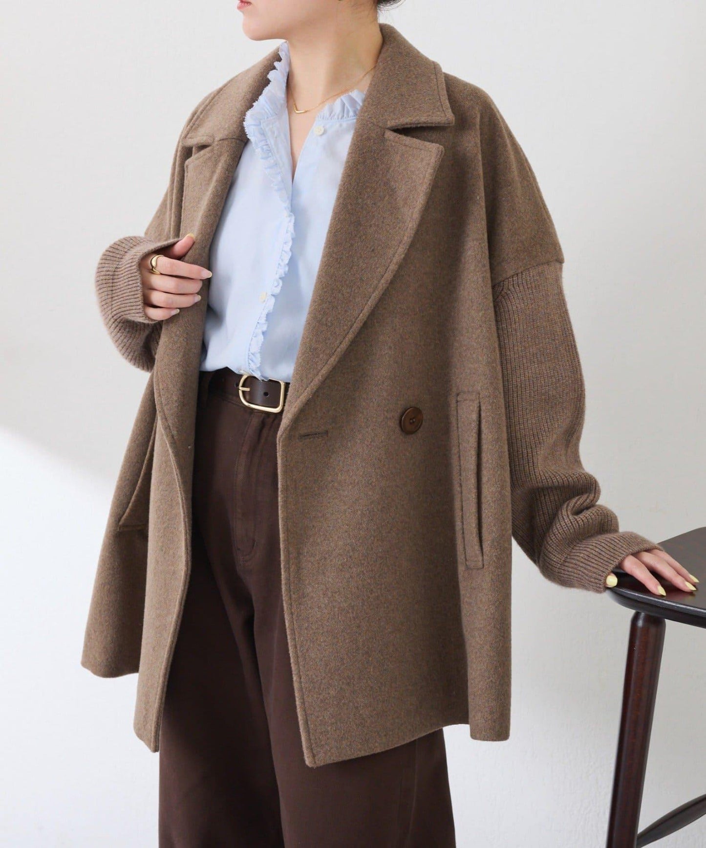 【羊毛混紡】針織袖雙排扣大衣