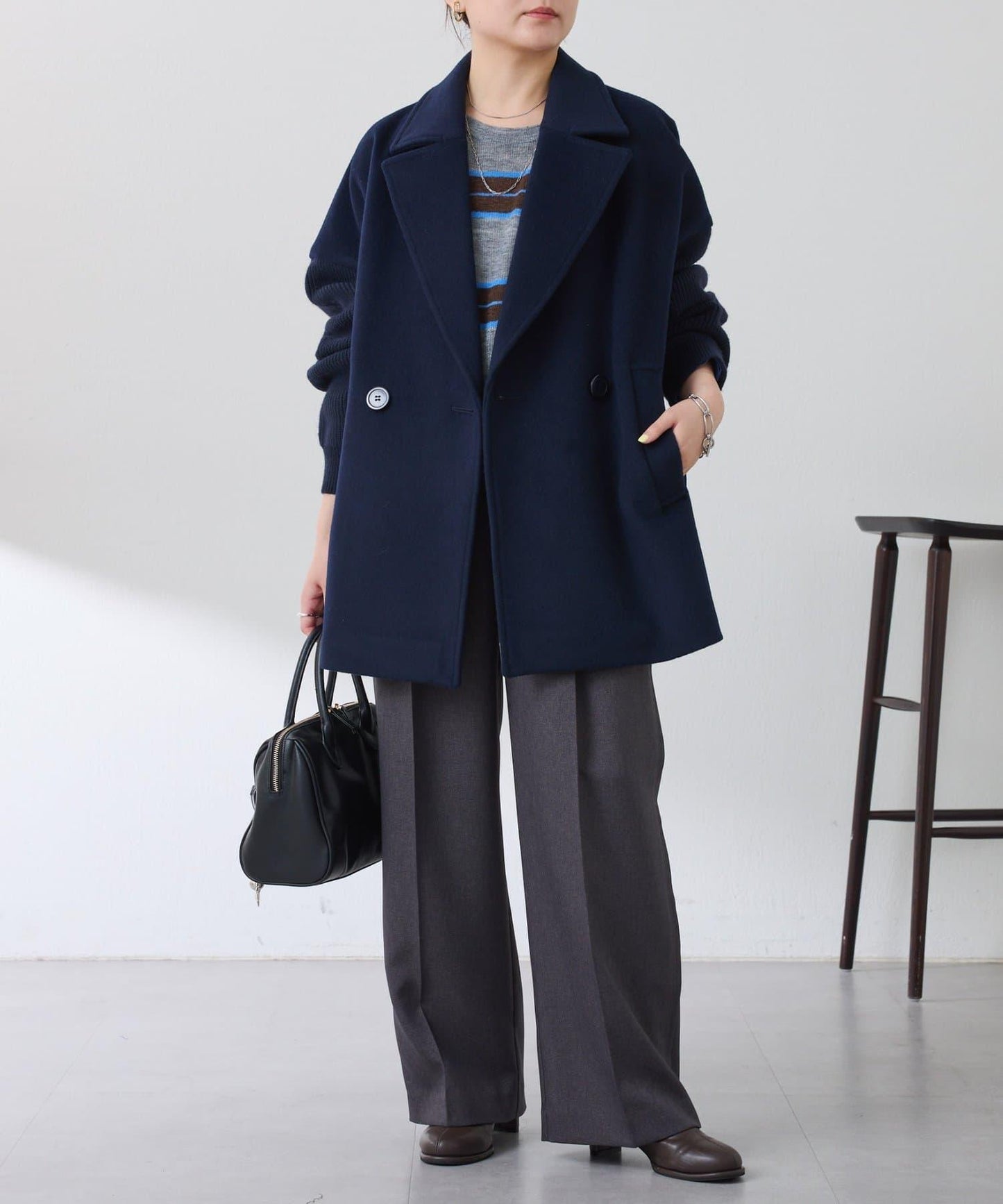 【羊毛混紡】針織袖雙排扣大衣